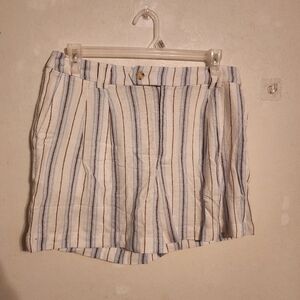 LOFT White Striped Linen-Blend Shorts with Blue and Tan Stripes